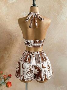 Conjunto de 2 piezas de top con cuello halter y pantalones cortos estampados de estilo tropical, adecuado para fiestas, citas, Día de San Valentín, Pascua, carnavales, té de la tarde, play - Marrón - Ver 7