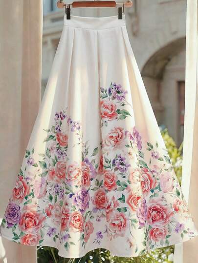 GlowEve Floral Print Elastic Waist Pleated A-Line Skirt For Women