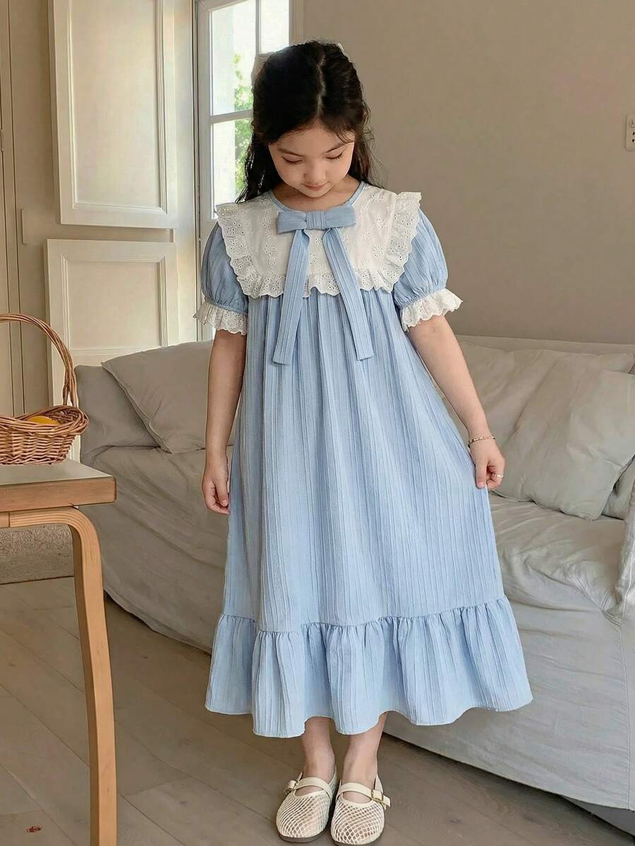 SHEIN Bộ đồ ngủ cho bé gái tuổi teen, tay phồng, chất liệu jacquard, kiểu áo ngủ mặc nhà. - Xanh và trắng - Xem 1
