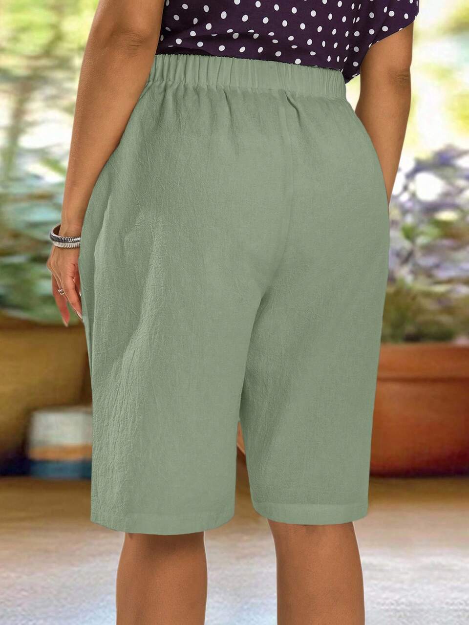 Plus Size Women's Knee-Length Casual Shorts, Sage Green, Summer, Smart Casual, Soft & Comfortable With Pockets, Street Style, Beach Vacation