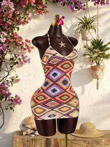 SaltGleam SaltGleam 女士时尚印花吊带V领迷你连衣裙，休闲印花镂空面料修身连衣裙，性感年轻女士沙滩度假连衣裙，春夏款 - 彩色 - 查看 5