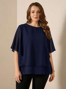 Comfylo Elegant Commuter Flowing Chiffon Solid Color Plus Size Blouse - Royal Blue - View 5