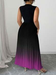 Elenzga Sleeveless High Neck Pleated Gradient Floral Print Plus Size Dress - Violet Purple - View 2