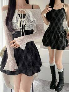 FRIFUL Women's Plaid Ruffle Camisole Dress And Lace Bell Sleeve Cardigan Set, Fashionable For Dates And Outings - White - View 1