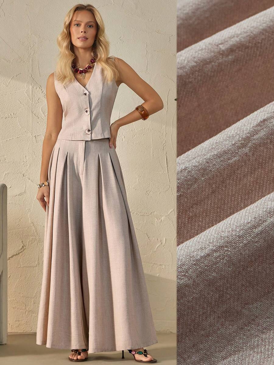 Bóhologie Women Denim Look Vest And Comfort Pants Fake Linen - Beige - View 1