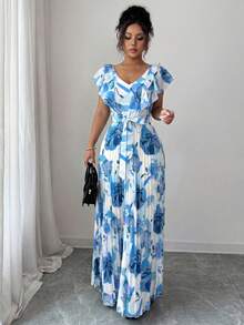 Elenzga Halloween V-Neck Digital Print Vacation Style Ruffle Waist A-Line Elegant Romantic Women Dress - Multicolor - View 4