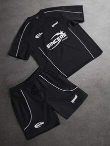 Men's Letter Print Short Sleeve T-Shirt And Shorts Casual Suit - Black - View 5