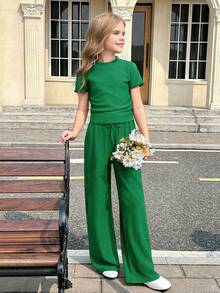 SHEIN Tween Girl Shades Of Green 2 Piece Sets Outfit,Textured Knit Side Ruched Mock Neck Short Sleeve Top And Wide Leg Pants,Summer Casual Vacation Clothes - Green - View 8