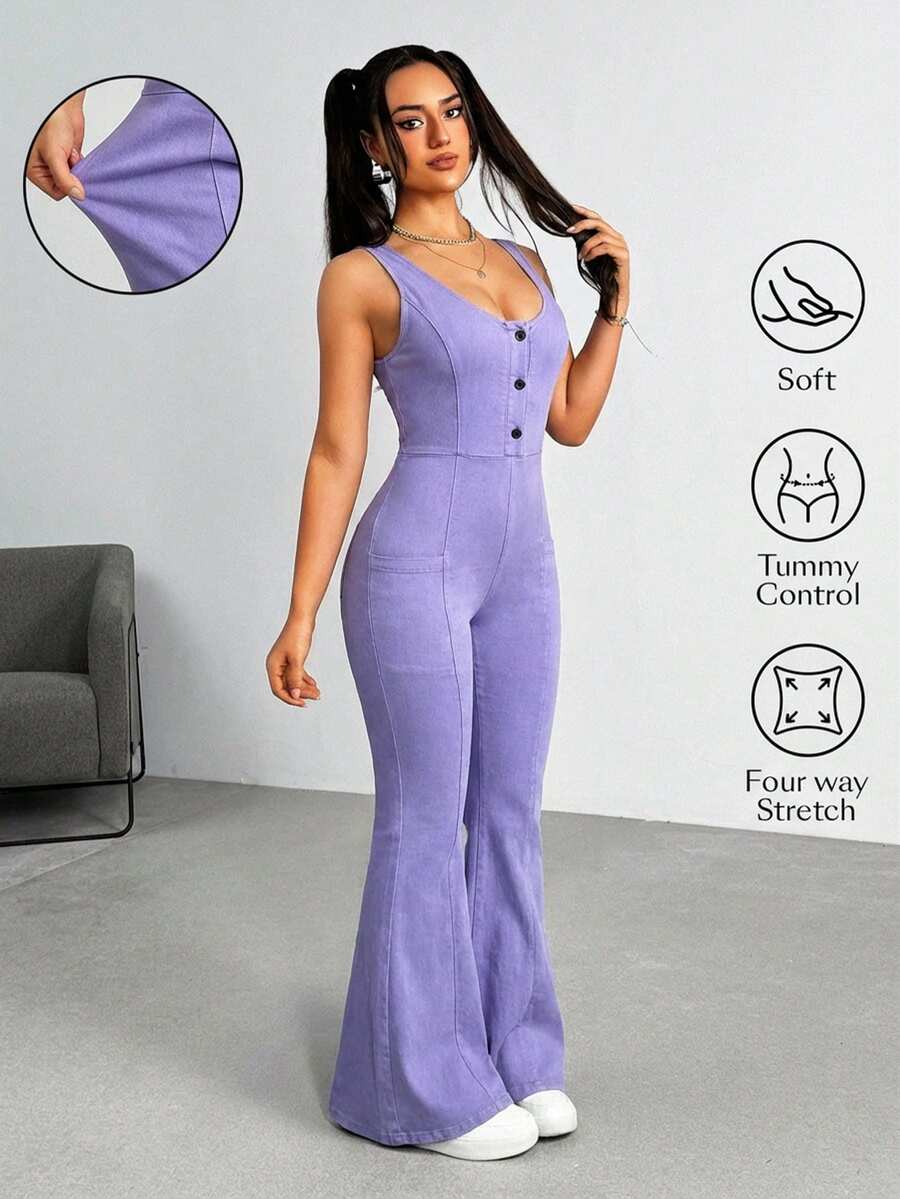 Flexra Women's Button Design Casual V-Neck Flare Leg Denim Jumpsuit - Baby Blue - View 1
