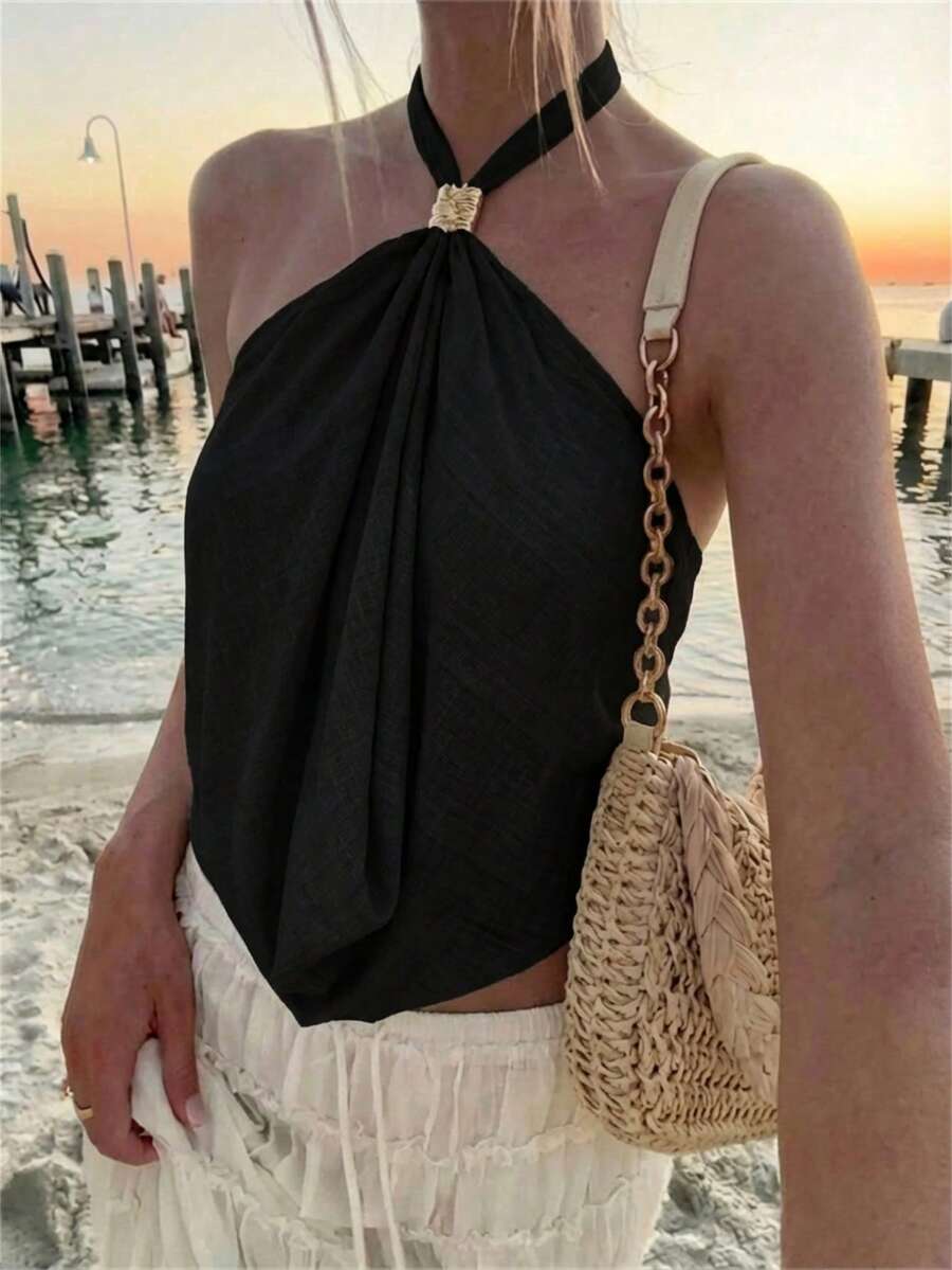 Aloruh Women's Sexy Solid Color Backless Halter Top, Summer Fall Fall For Women All S Women Fall S For Women Fall S Autumn Women's Fall Shoulder Top Beige Halter Neck Top With Metal Decorative Buckle New Year's Eve,Summer Top - Black - View 1