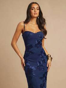 Fitted Strappy Dress With 3D Floral Print - Camel - View 6