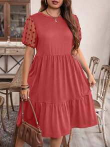 EMERY ROSE Đầm nữ cỡ lớn cổ tròn chấm bi phối lưới tay ngắn kiểu dáng thường ngày - Màu hồng gỉ - Xem 1