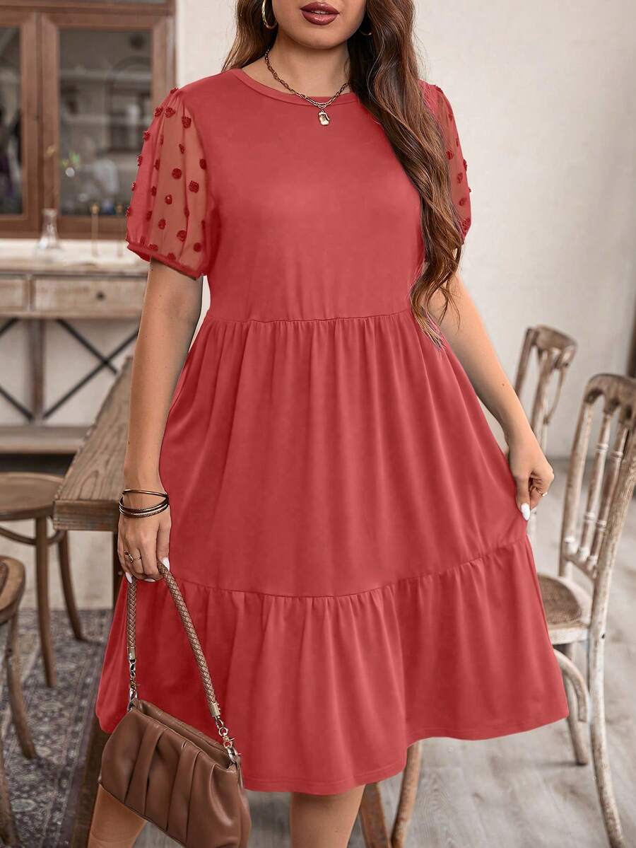 EMERY ROSE Đầm nữ cỡ lớn cổ tròn chấm bi phối lưới tay ngắn kiểu dáng thường ngày - Màu hồng gỉ - Xem 1