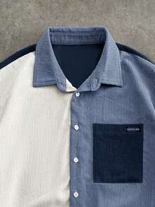 SWAVVY Men's Patchwork Corduroy Short Sleeve Shirt, Spring/Summer - Blue - View 4