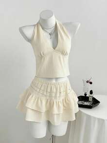 Flirla 2pcs Women Set: Tie-Up Camisole & Textured Cake Skirt Women's Vacation Outfit Sets Women's Summer Outfits Women's Summer Two Pieces Sets - Apricot - View 7