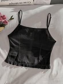 SHEIN EZwear 女士黑色梭织吊带背心，纽扣设计，荷叶边装饰 - 黑色 - 查看 2