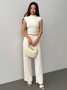 SHEIN PETITE 2件組女款夏季米色純色立領百褶襯衫與長褲套裝，休閒場合舒適上班度假居家服，適合嬌小女性 - 杏色 - 查看 4