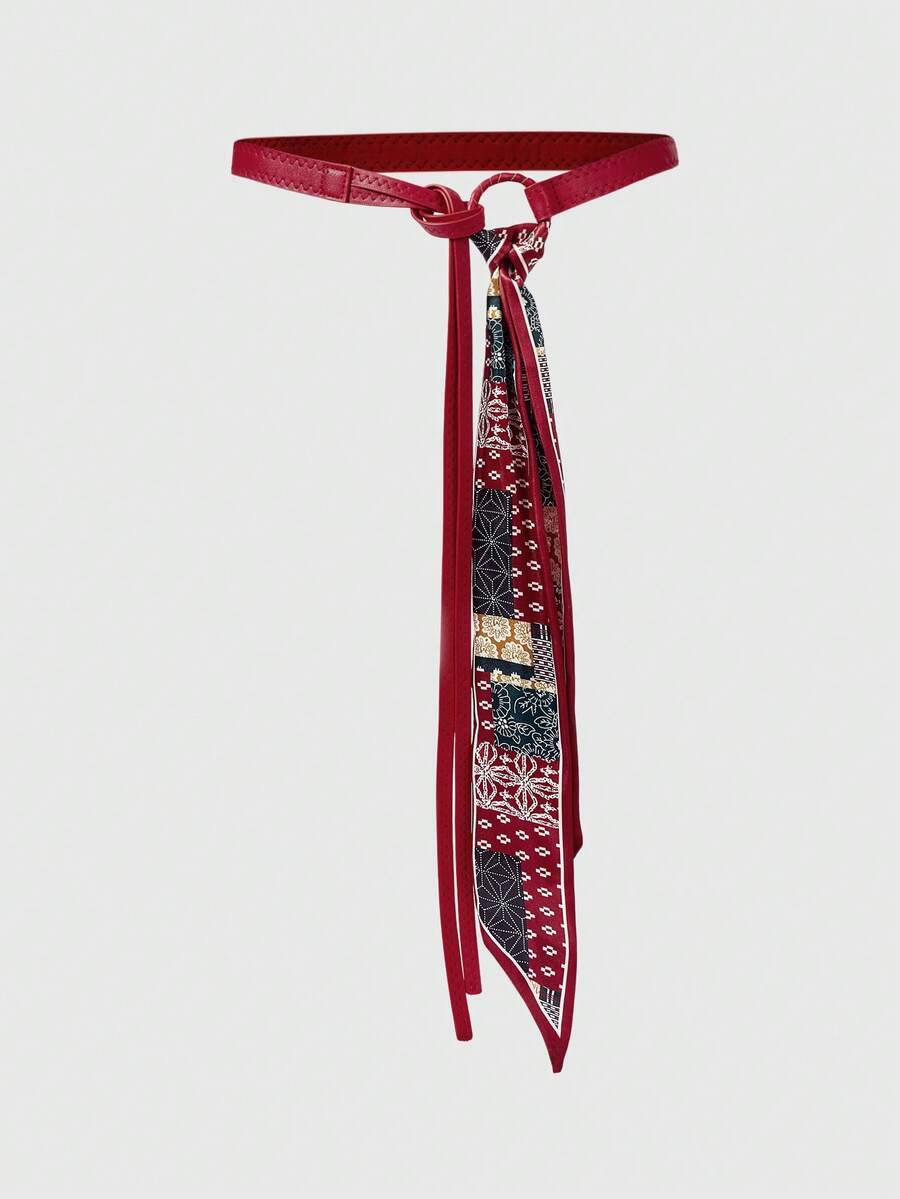 ROMWE Fairycore 1pc Retro Punk Hip-Hop Geometric Belt, Red Black Colorblock Floral Adjustable Unisex Belt For Jeans & Dresses