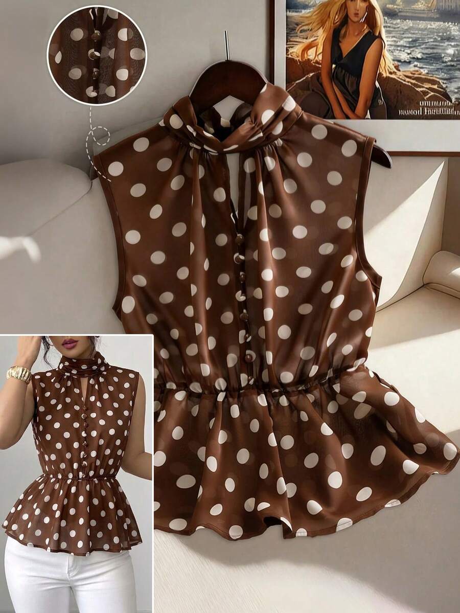 GlowEve Áo kiểu nữ thanh lịch, màu nâu cà phê, cổ tròn, cài một hàng cúc, không tay, dáng xòe, thích hợp cho mùa xuân/hè. - Cà phê nâu - Xem 1