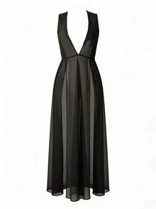 SHEIN Swim Women's Deep V-Neck High Slit Sleeveless Maxi Cover Up Dress, For Vacation, Summer Beach - Black - View 5