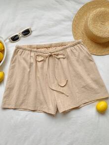 Comfortcana Plus Size Casual Loose Drawstring Solid Color Comfortable Shorts, Spring/Summer - Khaki - View 7