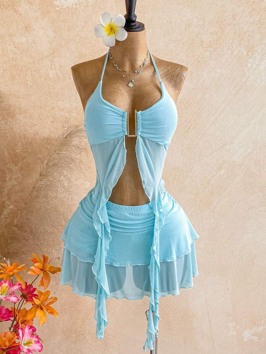 Soleia Women's Light Blue Halter Neck Camisole And Mini Skirt 2 Pieces Set With Shorts - Baby Blue - View 1