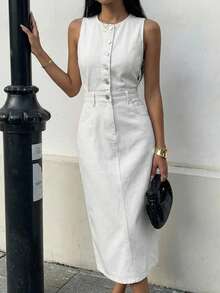 DAZY Women's Casual Washed Denim Round Neck Sleeveless Denim Dress, Summer Dress - Beige - View 7