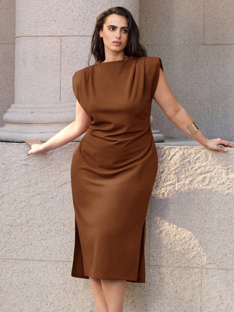SHEIN Maija Plus Size Women Solid Color Pleated Shoulder Pad Elegant Dress