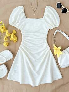 SHEIN 少女春夏褶皱纹理连衣裙，适合女孩/度假/假日/复古/沙滩/海边/ - 杏色 - 查看 2