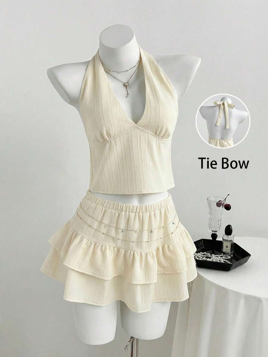 Flirla 2pcs Women Set: Tie-Up Camisole & Textured Cake Skirt Women's Vacation Outfit Sets Women's Summer Outfits Women's Summer Two Pieces Sets - Apricot - View 1