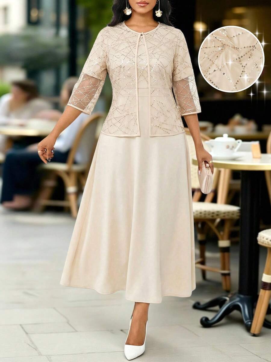 SHEIN Lady Women's Sequin Mesh 3/4 Sleeve Top And Dress Elegant 2 Pieces Set - Blue - View 1