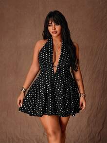 SHEIN Tall CURVE 大码女式波点吊带系带性感A字高腰迷你连衣裙 - 黑與白 - 查看 4