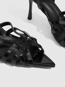 CUCCOO SZL Giày sandal nữ mũi nhọn hở mũi, chất liệu da bóng PU, đính kim loại, kiểu dáng dự tiệc, thích hợp cho buổi tối. - màu đen - Xem 5