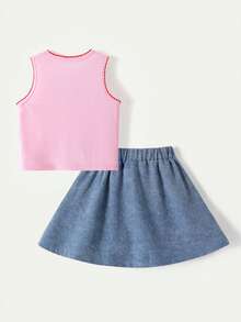SHEIN Casuvi Kids 2件組少女可愛圓領針織櫻桃刺繡無袖上衣與牛仔百褶刺繡牛仔裙，甜美可愛夏季套裝 - 淺藍色 - 查看 2