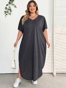 SHEIN CURVE+ 大码女装春夏新款时尚通勤休闲口袋设计分体睡袍 - 黑色 - 查看 4
