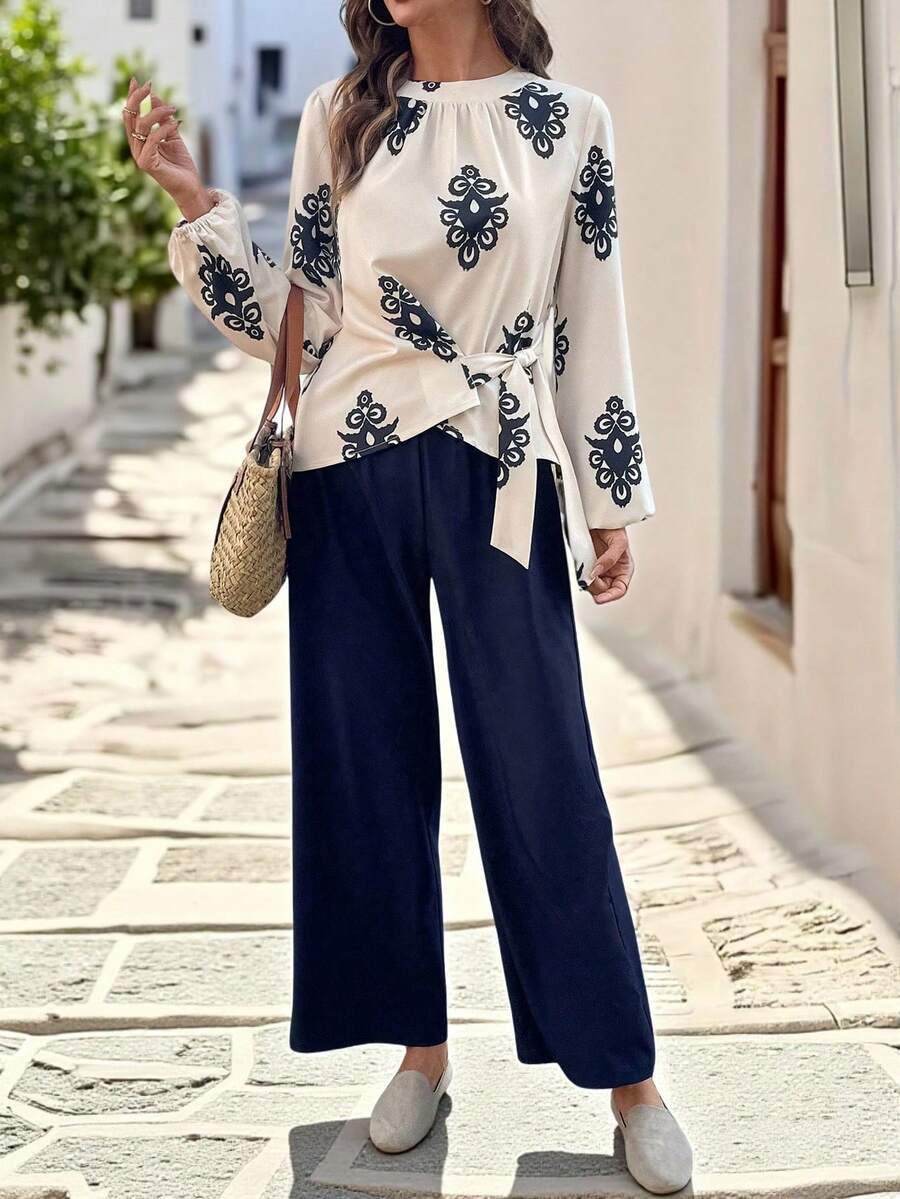 SHEIN LUNE 2pcs Women Casual Round Neck Tie Dye Print Long Sleeve Shirt And Wide Leg Pants Set - Royal Blue - View 1