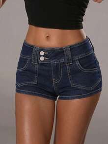 TRNVIE Quần short denim siêu ngắn thời trang, kiểu dáng nữ tính, có túi. - Rửa tối - Xem 1