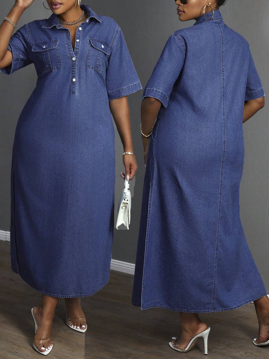 Slaydiva Đầm denim nữ cỡ lớn tay ngắn cài cúc nửa thân trước kiểu dáng thường ngày - Rửa trung bình - Xem 1