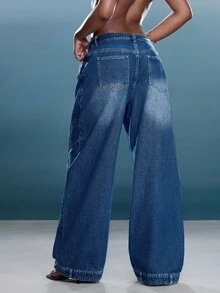 Denimoi Women's Button Waist Design Pocket Wide Leg Casual Jeans - Blue - View 3