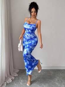 Nuevo Llegado Primavera/Verano Elegante Encantador Sexy Vestido Ajustado con Estampado Floral Rosa Pálido de Cuello Halter y Espalda Descubierta, Adecuado para Vacaciones y Playa - Azul - Ver 4