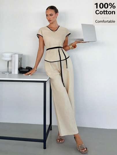 Siren Gaze Summer Contrast Trim Linen Women 2 Pieces Set, Sleeveless Top And Wide Leg Pants With Thin Belt, Casual Women 2 Pieces Suit For Summer