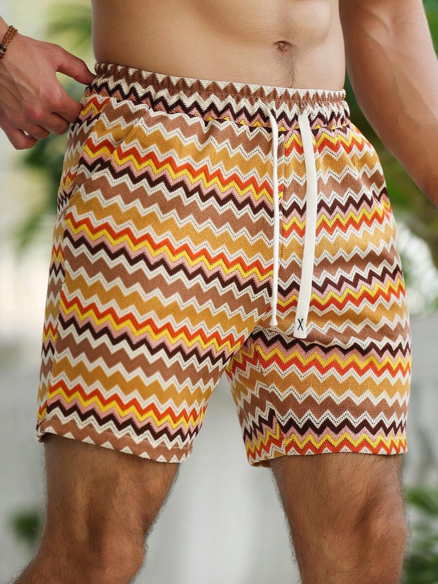 VENTUSAIL Men's Drawstring Waist Wavy Pattern Casual Versatile Daily Wear Shorts - Khaki - View 1