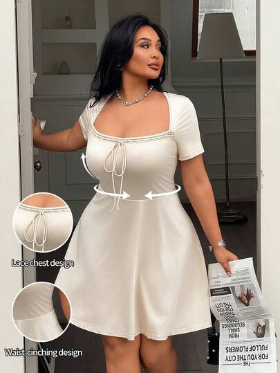 Easura Đầm ren thắt nơ tay ngắn ôm sát dành cho nữ cỡ lớn