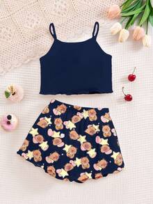 Cute Cartoon Capybara Pattern, Navy Blue, Tween Girl Casual Minimalist Fitted Camisole Top And Shorts Loungewear Set, Suitable For Summer, Chill Chill - Multicolor - View 2