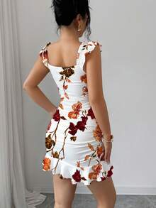 Selianne Vintage Style Printed Off-Shoulder Ruffle Hem Cami Dress, Fitted A-Line Dress - Black and White - View 2