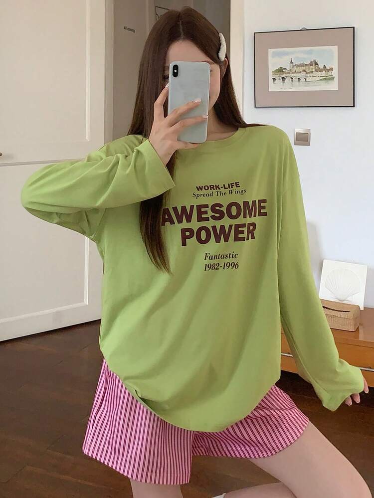 2pcs Graphic Print Loose Long Sleeve Top And Striped Shorts Pajama Set, Suitable For Spring And Summer
