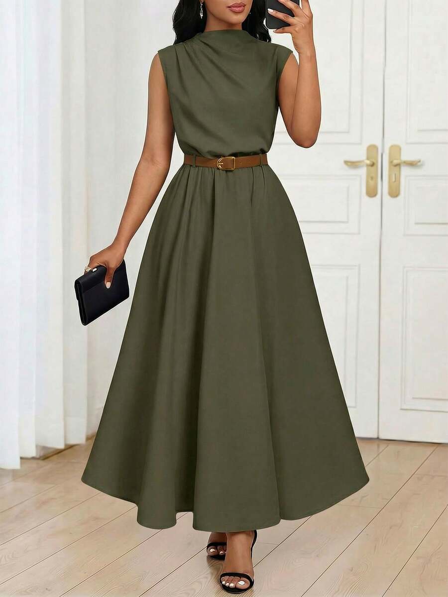 SHEIN Lady 女式纯色无袖连衣裙(配腰带),返校季 - 軍綠色 - 查看 1