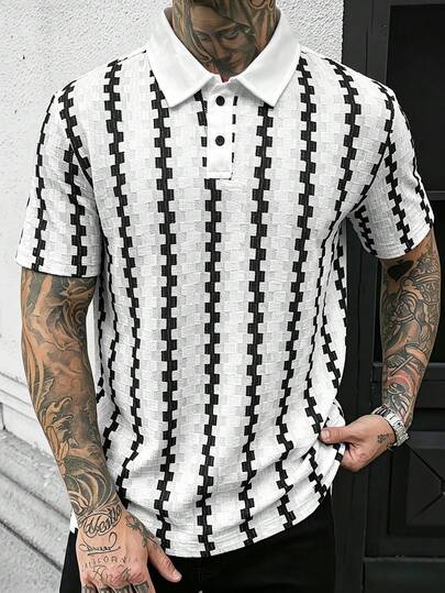 Manfinity CasualCool 男士撞色 Polo 衫，复古几何提花休闲上衣