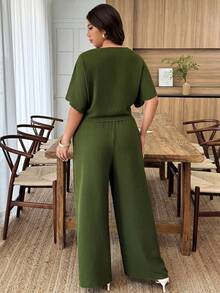 Weeklong Plus Size Women Spring/Summer Casual Vacation Tie-Front Cardigan And Jumpsuit Set - Army Green - View 2