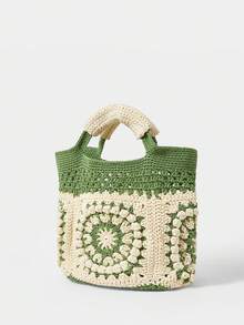 SHECARRY 女士时尚优雅简约手工编织手提包，夏季度假沙滩沙滩 - 綠色 - 查看 3